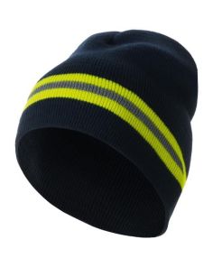 Strickmütze, "Eike", marine, neongelbe Reflexstreifen