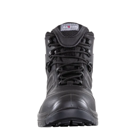 S3 Sicherheitsschuh Ergo Bau von SANTOS in Schwarz mit rutschfester Profilsohle – Ansicht von unten für Baustelle und Industrie - Ansicht vorne