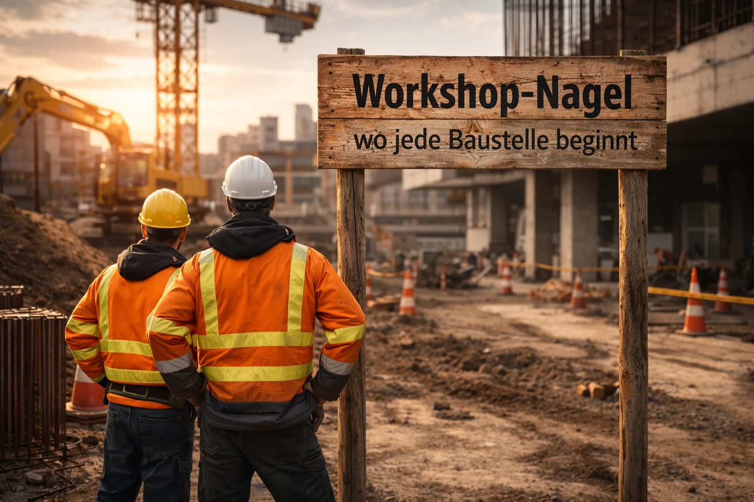 Warnschutz-Baustelle mit nostalgischem Holzschild Workshop-Nagel wo jede Baustelle beginnt im Hintergrund einer Baustelle
