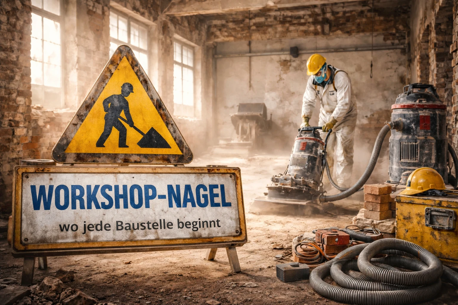 KI-Generiertes Bild zum Thema BT-Verfahren bei Asbestsanierung in Gebäude mit Schleifmaschine und Absaugung – Baustellensituation Workshop-Nagel