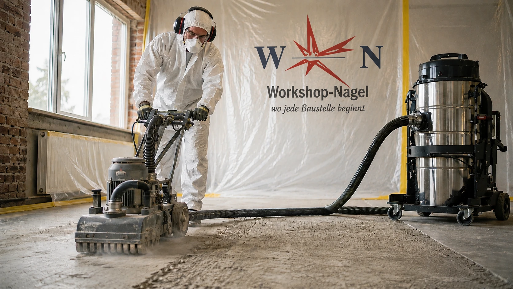 Handwerker arbeitet mit Bodenfräse auf Estrichboden, Staub wird direkt über Schlauch in Industriesauger abgesaugt, Baustelle mit Workshop-Nagel Schild im Hintergrund.
