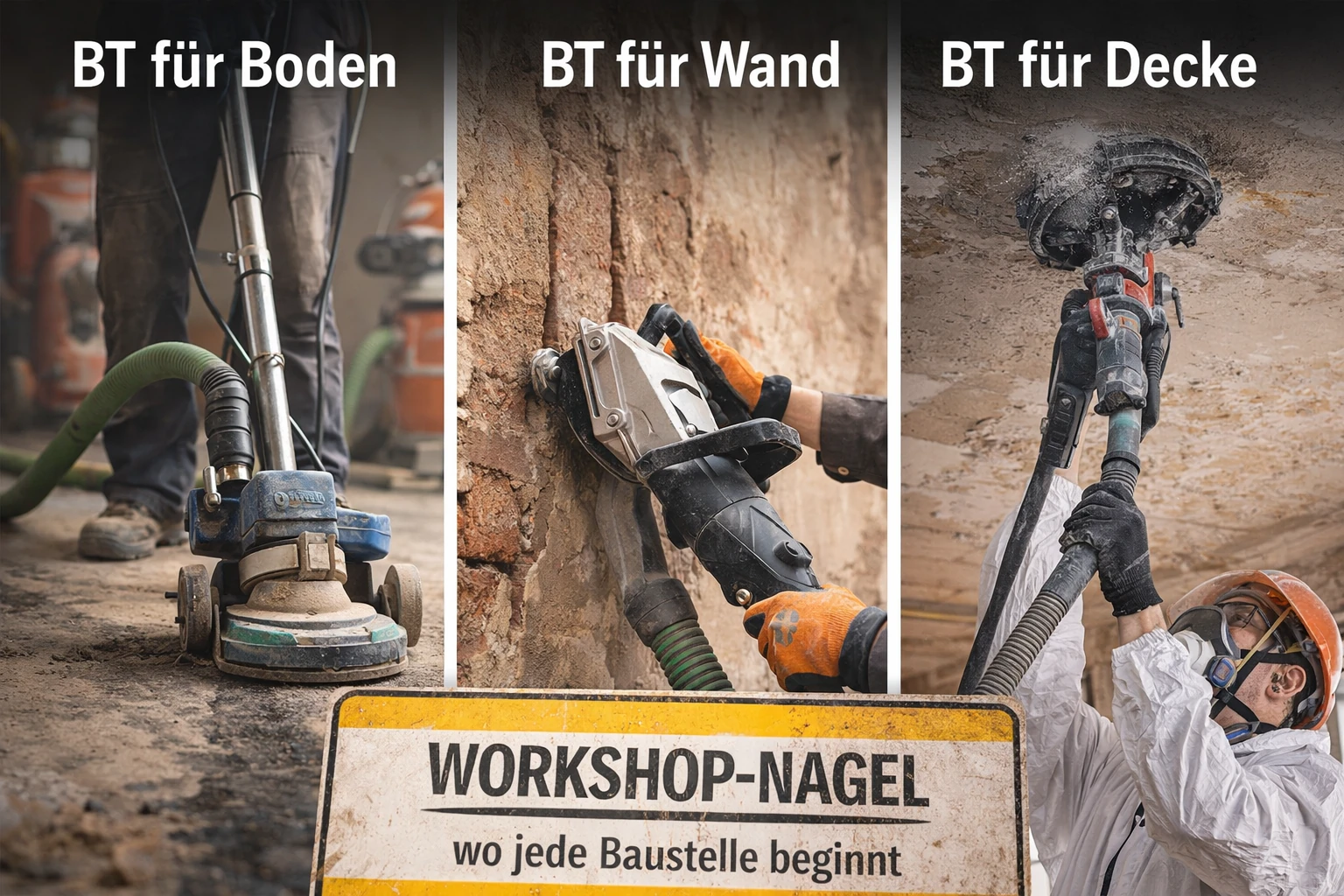 KI-Generiertes Bild zum Thema BT-Verfahren Vergleich für Boden Wand und Decke mit Maschinen und Baustellensituation Workshop-Nagel