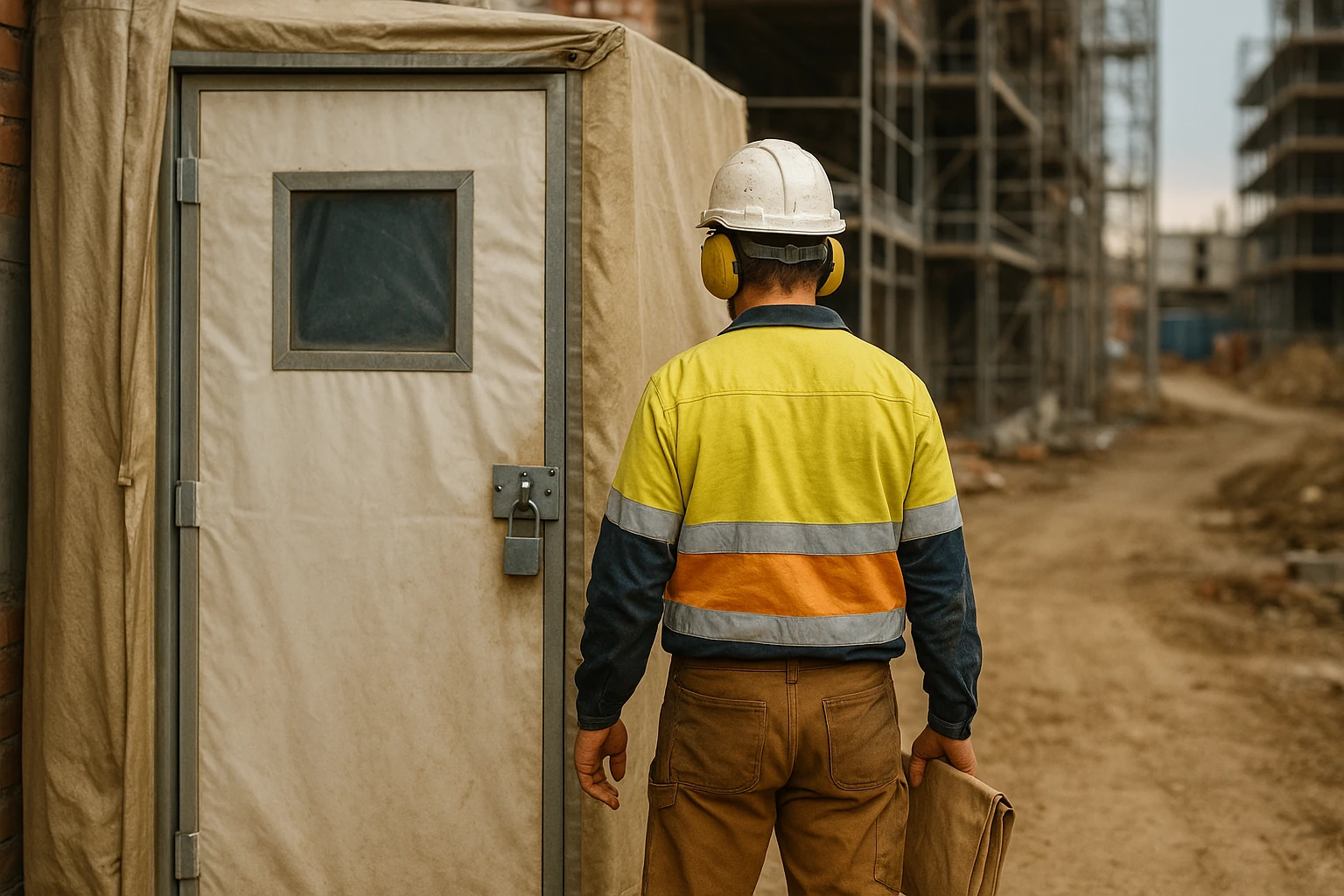 Titelbild zeigt einen Bauarbeiter von hinten in Schutzausrüstung vor einer Materialschleuse auf einer kontaminierten Baustelle