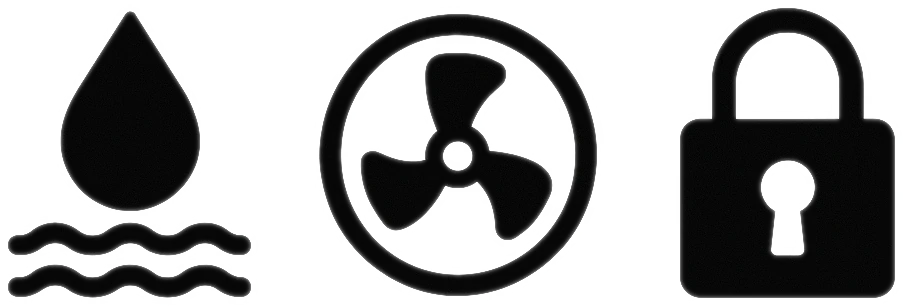 Icon mit Wassertropfen, Ventilator und Schloss als Symbole für verschiedene Arten von Materialschleusen