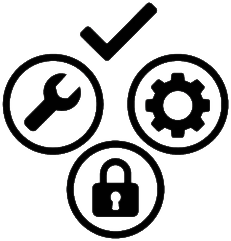 Icon mit Schraubenschlüssel, Zahnrad und Schloss als Symbol für Auswahl, Installation und Wartung von Materialschleusen zur Sicherstellung ihrer Effektivität