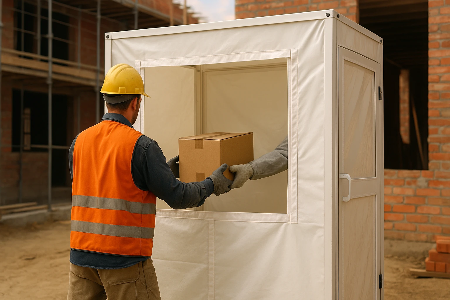 Titelbild zeigt einen Bauarbeiter von hinten mit Schutzweste und Helm beim Materialtransfer durch eine Materialschleuse auf der Baustelle
