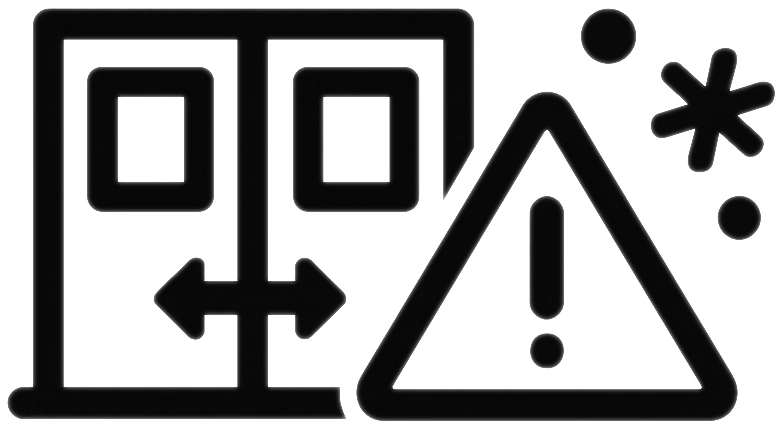 Icon mit Materialschleuse, Warnschild und Partikeln als Symbol für die Gestaltung von Materialschleusen auf kontaminierten Baustellen