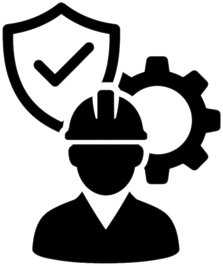 Icon mit Bauarbeiter, Schild und Zahnrad als Symbol für Sicherheit und Effizienz durch Materialschleusen auf Baustellen und in Dekontaminationsprozessen