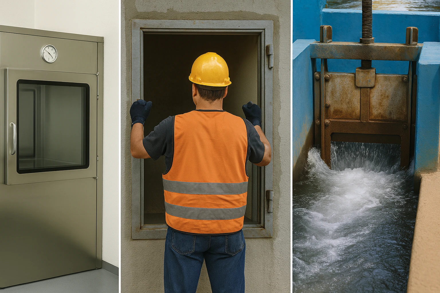 Titelbild zeigt verschiedene Arten von Materialschleusen: eine Luftschleuse im Reinraum, eine manuelle Schleuse auf der Baustelle und eine Wasserschleuse in der Anwendung
