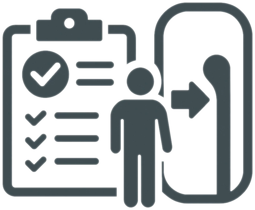 Auswahl und Einsatz von Personenschleusen: Symbolische Darstellung mit Checkliste, Person und Schleuse.