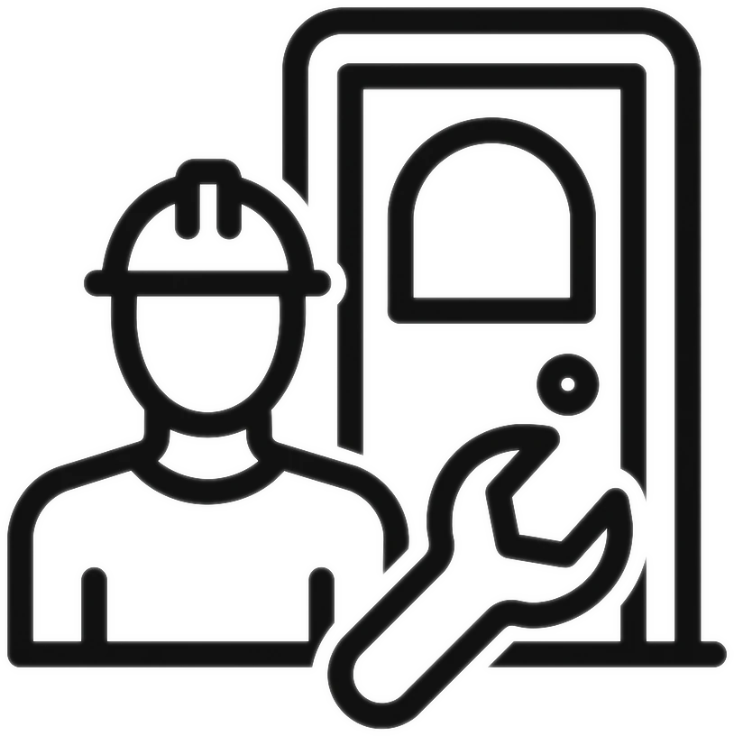 Installation und Wartung einer Personenschleuse: Symbolische Darstellung mit Monteur, Tür und Werkzeug.