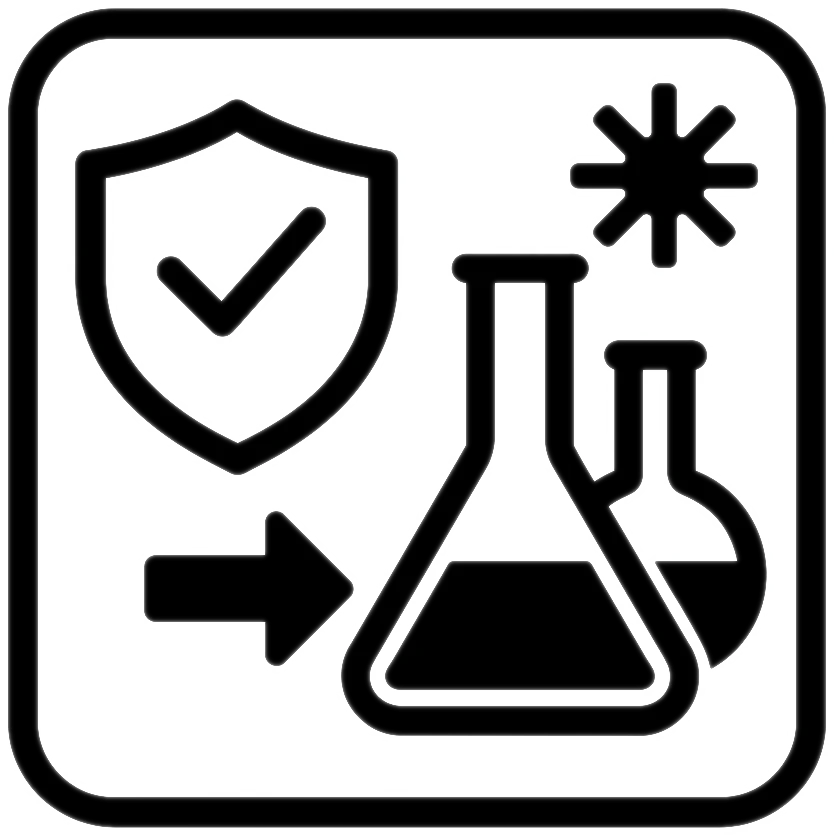 Icon mit Schutzschild und Laborflaschen – Personenschleusen für Sicherheit und Dekontamination.