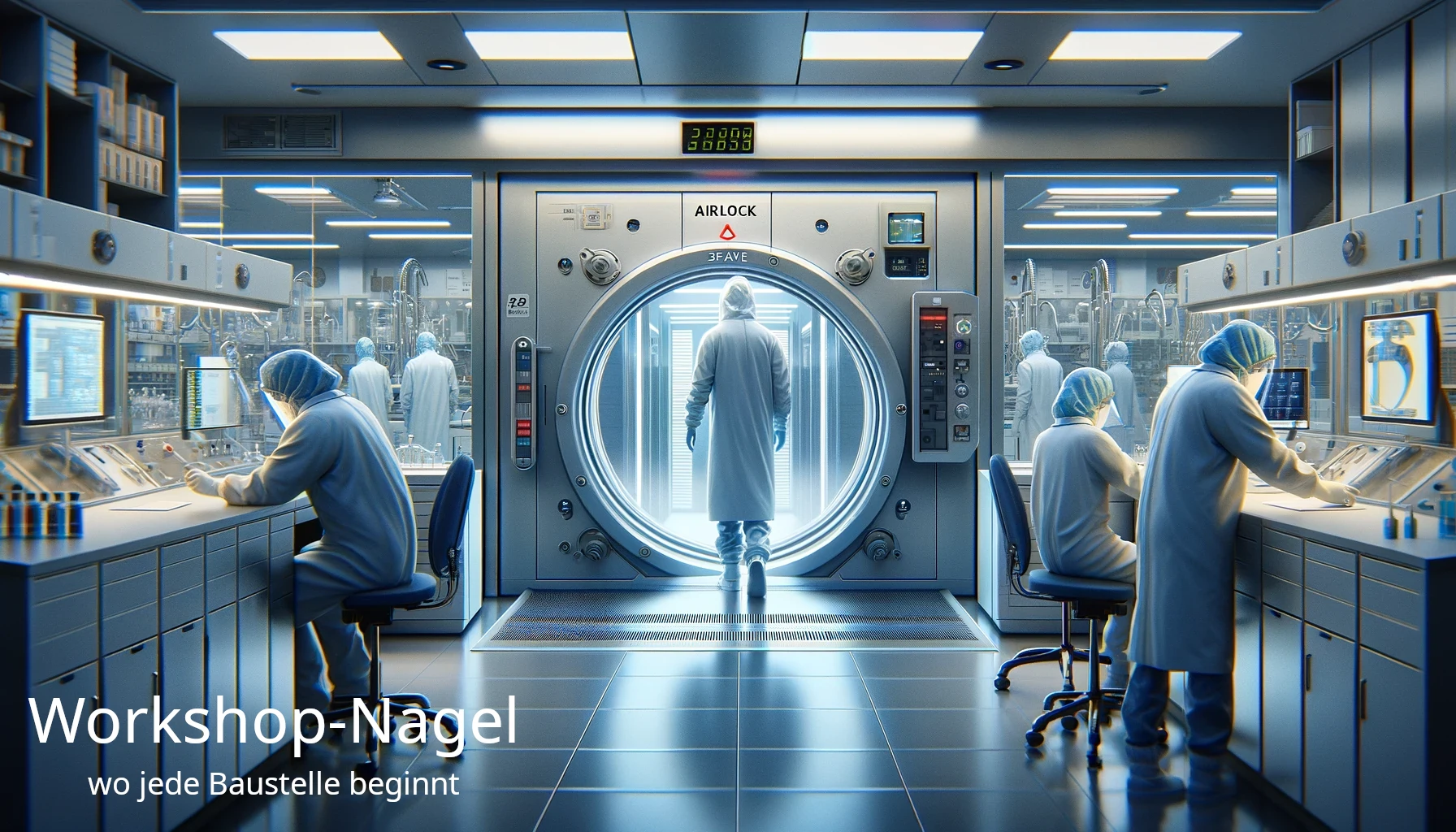 Personenschleuse in einem Labor für Dekontamination und Sicherheit, mit Mitarbeitern in Schutzkleidung an den Arbeitsplätzen.