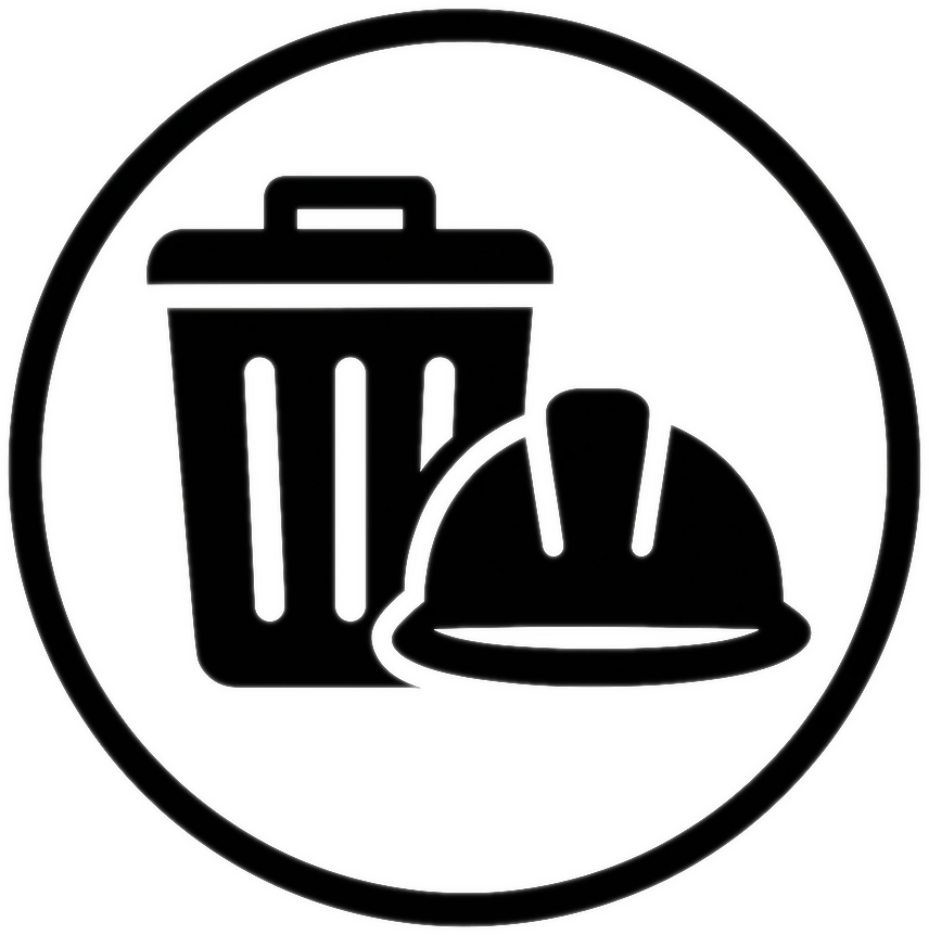 Symbol mit Bauhelm und Abfallbehälter für effiziente Abfallbewirtschaftung mit Entsorgungsmaterialien im Bauwesen