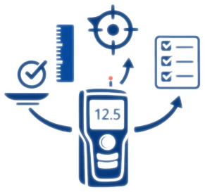 Symbolische Darstellung der Auswahlkriterien für Entfernungsmesser wie Messbereich, Genauigkeit und Funktionen