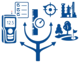 Symbolische Darstellung der Auswahl eines Entfernungsmessers anhand von Messbereich, Genauigkeit und Einsatzgebiet