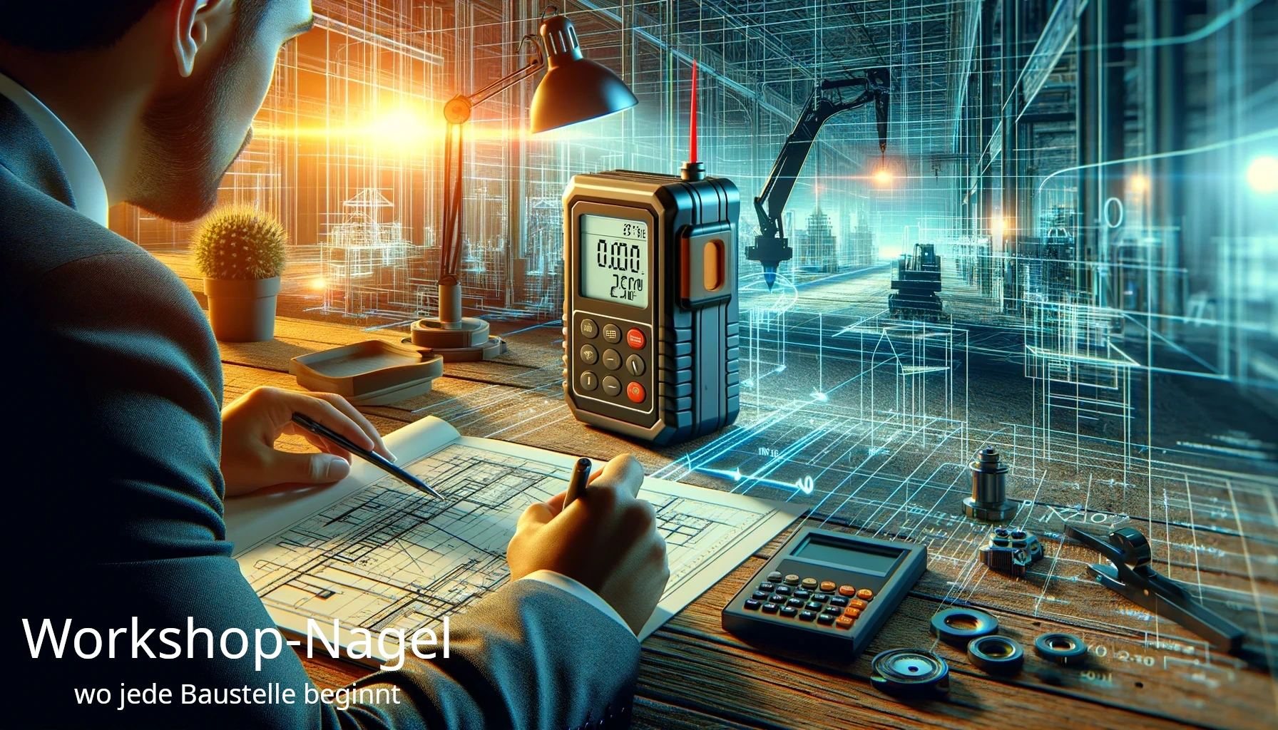 Planer arbeitet mit einem Entfernungsmesser an technischen Zeichnungen in einer industriellen Umgebung