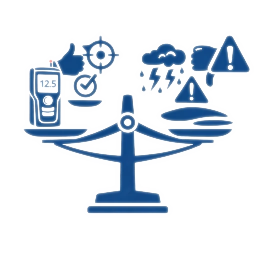 Waage mit positiven und negativen Symbolen zur Darstellung von Vorteilen und Limitationen von Entfernungsmessern