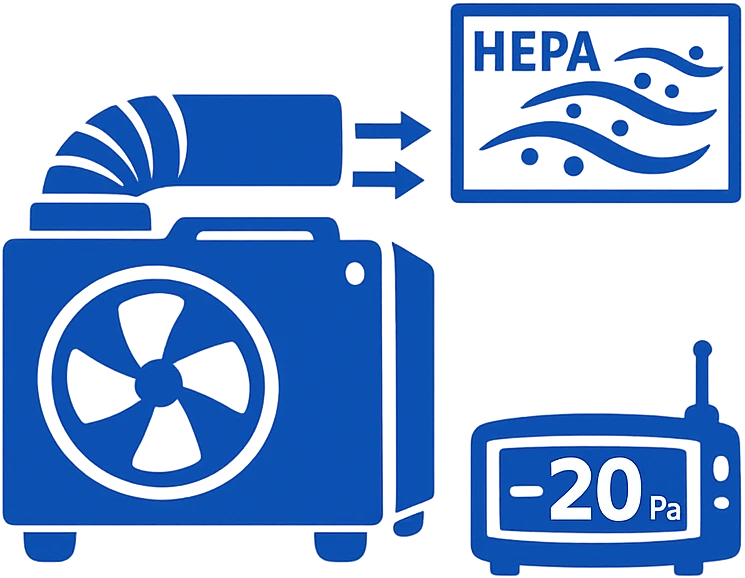 Icon zur Asbestsanierung mit Unterdruckhaltegeraet, HEPA-Filter und Unterdruck-Messung gemaess TRGS 519