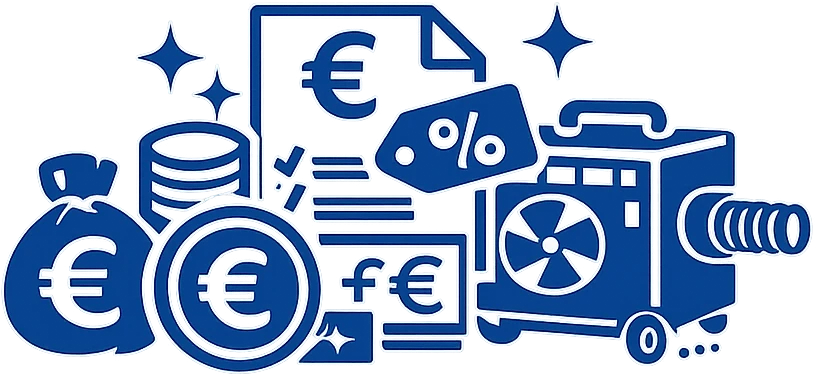 Icon mit Euro Symbol, Foerderantrag und Unterdruckhaltegeraet fuer Investition und Zuschuss