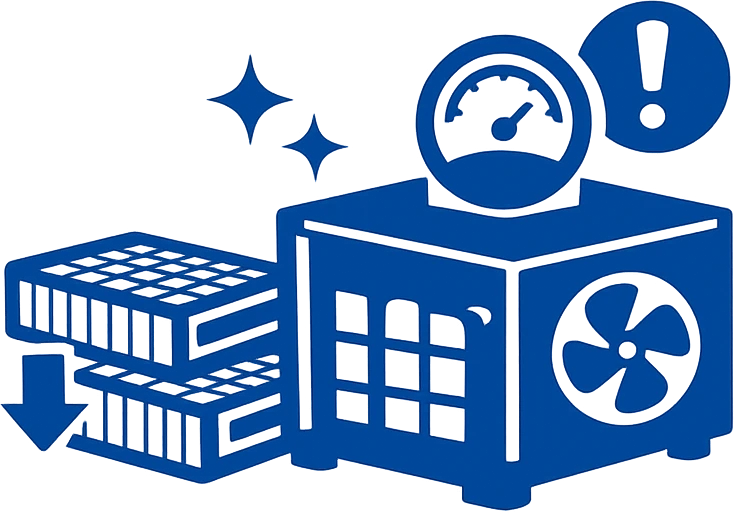 Icon mit Filtergeraet, Ersatzfiltern und Manometer zur Kontrolle der Filterwartung im Sanierungsbereich