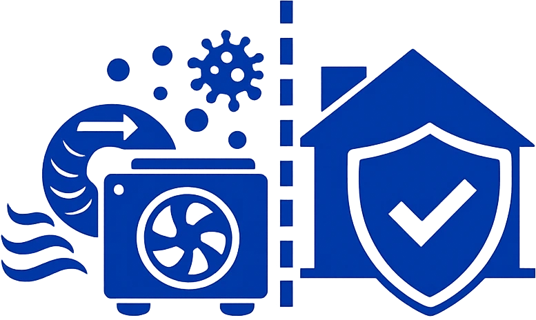 Icon eines Unterdruckhaltegeräts zur sicheren Sanierung – verhindert das Austreten von Staub, Fasern und Schimmelsporen in andere Gebäudeteile