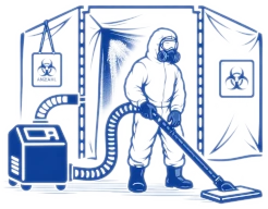 Symbolisches Icon für den Einsatz eines Unterdruckhaltegeräts in einem faserkontaminierten Schwarzbereich zur sicheren Schadstoffsanierung.