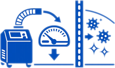 Symbolisches Icon eines Unterdruckhaltegeräts, das einen kontrollierten Unterdruck erzeugt und das Austreten kontaminierter Partikel verhindert.