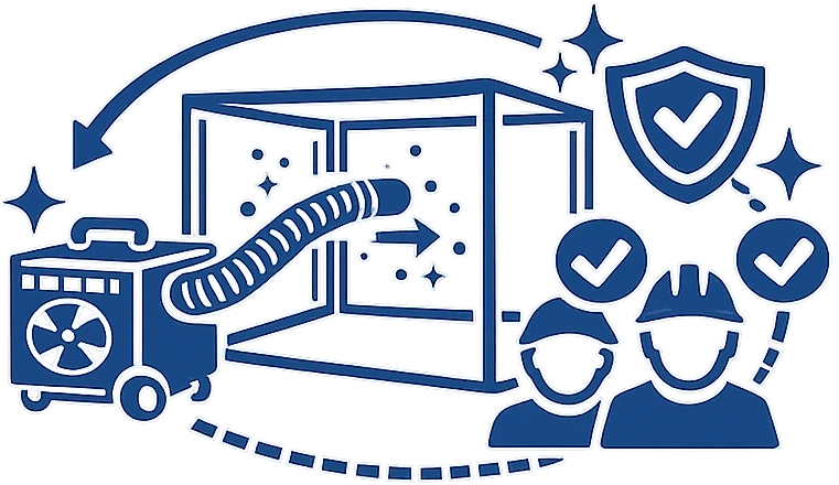 Icon mit Unterdruckgeraet und Schutzsymbolen fuer Sicherheit und Sauberkeit bei der Sanierung