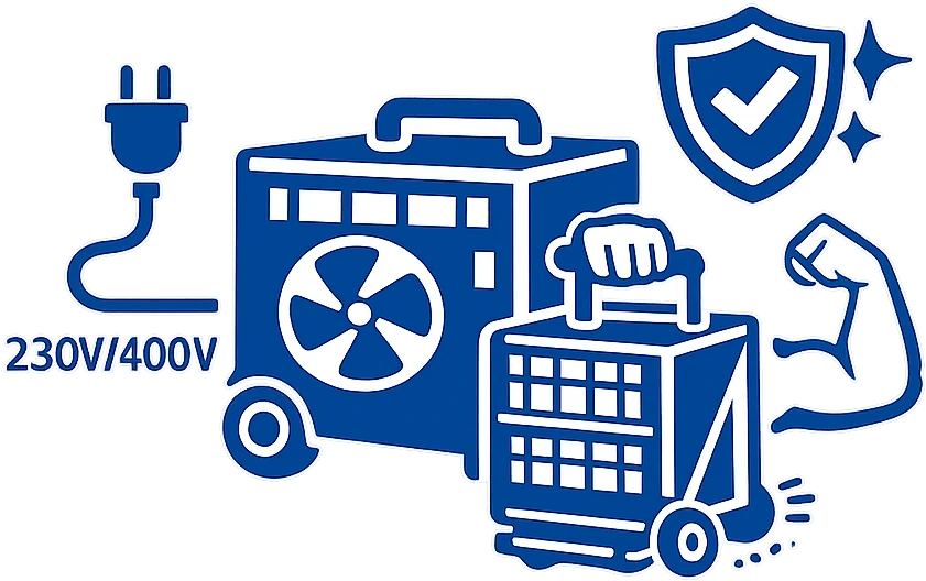 Icon mit robustem Unterdruckgeraet mit Griffen, Rollen und Stromanschluss fuer Baustelleneinsatz