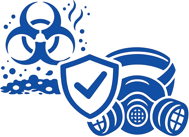 Icon zur Schimmel- und Schadstoffsanierung mit Atemschutzmaske, Schutzschild und kontrollierter Luftfuehrung