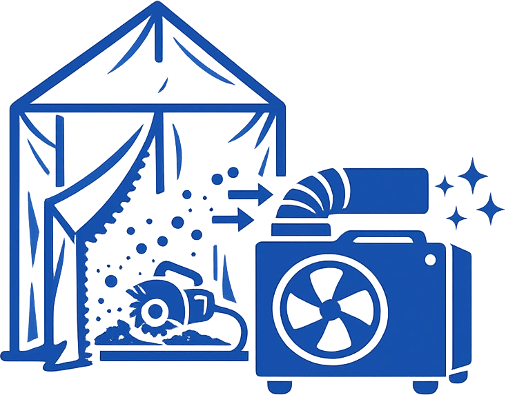 Icon fuer staubintensive Renovierungsarbeiten mit abgedichtetem Bereich und Unterdruckhaltegeraet zur Staubkontrolle