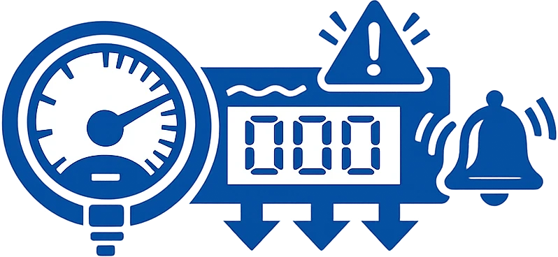 Icon mit Manometer, Anzeige und Warnsymbol zur Ueberwachung des Unterdrucks bei einem Sanierungsgeraet