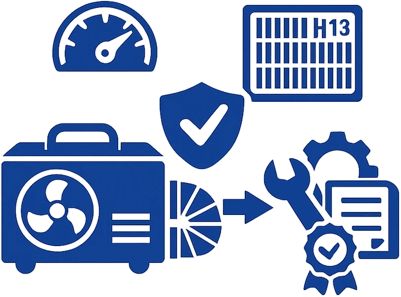 Icon mit Symbolen fuer Luftleistung, Filterklasse, Ueberwachung und Zertifizierung eines Unterdruckhaltegeraets
