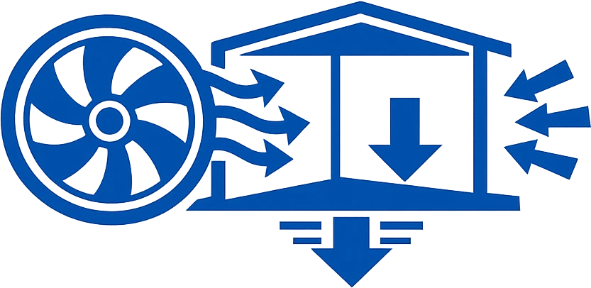 Icon mit Ventilator und Luftstrom zur Darstellung der Unterdruckerzeugung in einem abgeschotteten Sanierungsraum